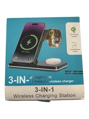 3-IN-1 Black Wireless Charging Station - Foldable Night Light Wireless Charger